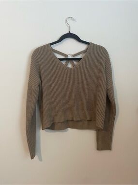 Say What? Taupe V-Neck Sweater with Strappy Back
